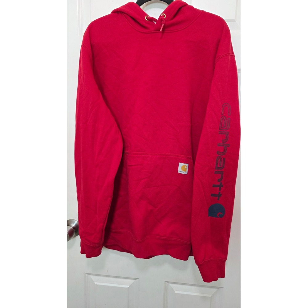 Carhartt Hoodie Mens XL Red Loose Fit Midweight Logo Sleeve Graphic K288 R59‎